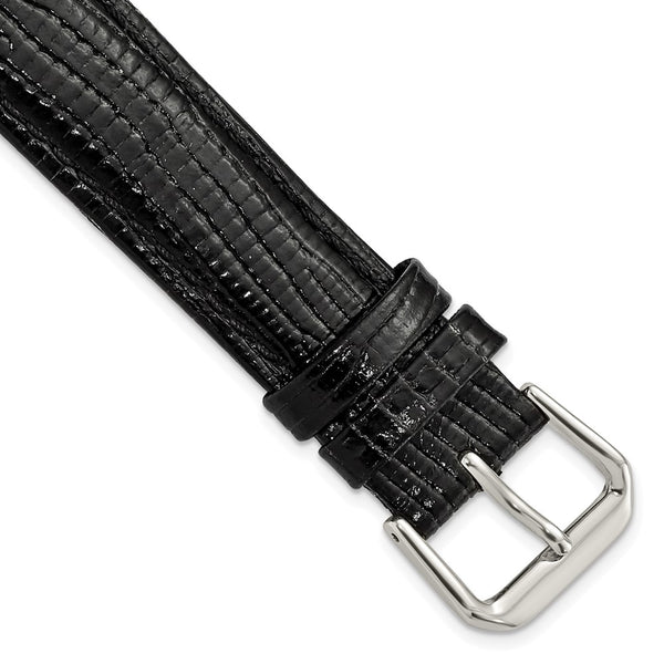 18mm Black Snake Grain Leather Silver-tone Buckle Watch Band