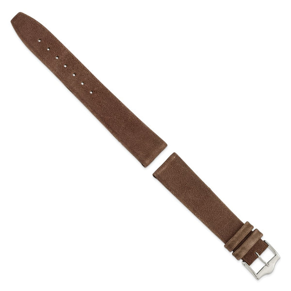 18mm Dark Brown Suede Flat Leather Silver-tone Buckle Watch Band