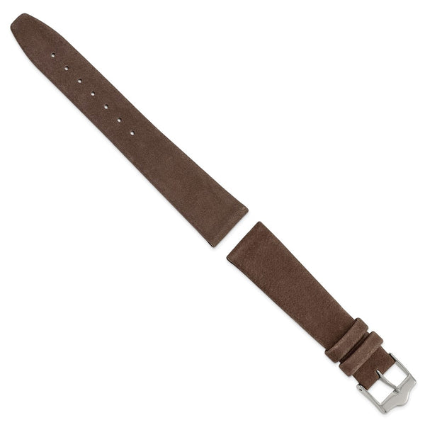 DeBeer 19mm Dark Brown Suede Flat Leather with Silver-tone Buckle 7.75 inch Watch Band