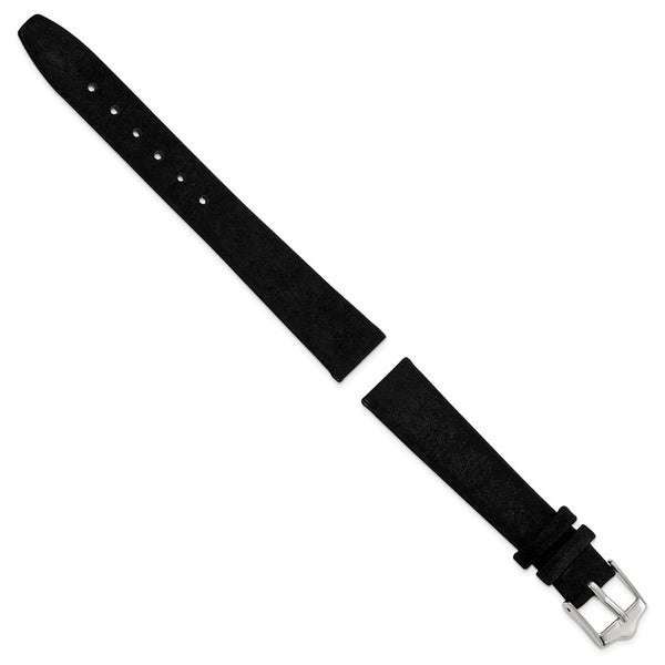 14mm Black Suede Flat Leather Silver-tone Buckle Watch Band