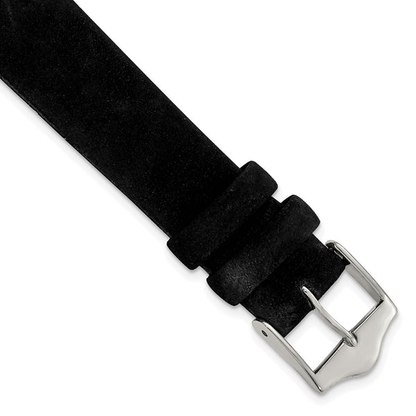 16mm Black Suede Flat Leather Silver-tone Buckle Watch Band