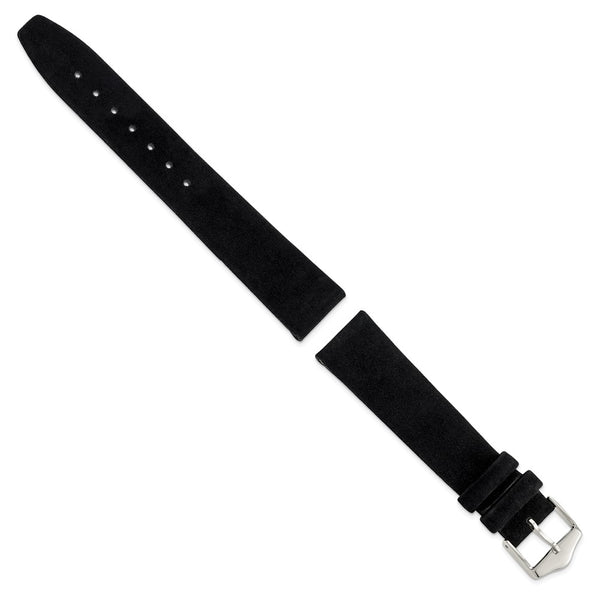 18mm Black Suede Flat Leather Silver-tone Buckle Watch Band