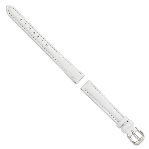 12mm White Smooth Leather Silver-tone Buckle Watch Band