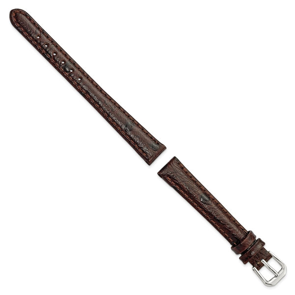 12mm Dark Brown Ostrich Grain Leather Silver-tone Buckle Watch Band