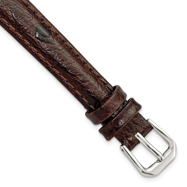 12mm Dark Brown Ostrich Grain Leather Silver-tone Buckle Watch Band