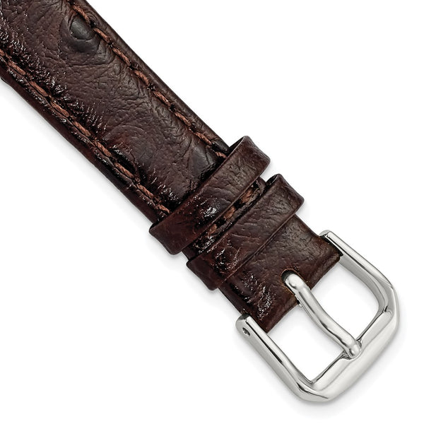 14mm Dark Brown Ostrich Grain Leather Silver-tone Buckle Watch Band