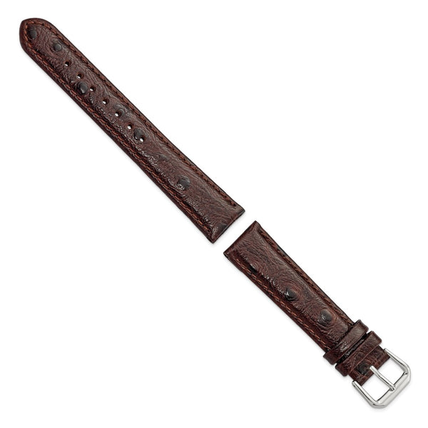 18mm Dark Brown Ostrich Grain Leather Silver-tone Buckle Watch Band