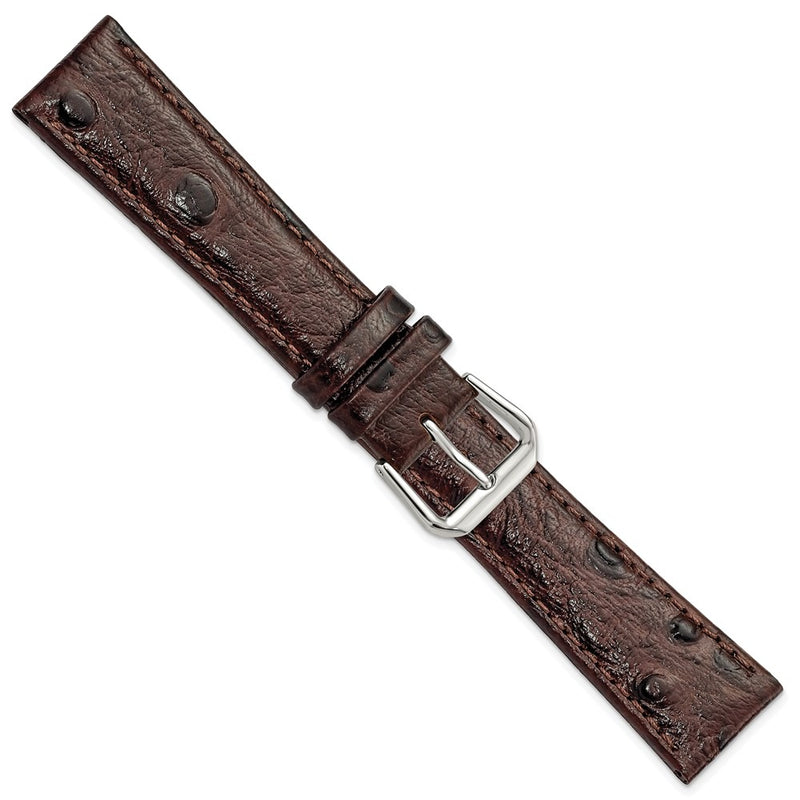 19mm Dark Brown Ostrich Grain Leather Silver-tone Buckle Watch Band