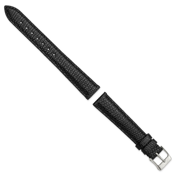 16mm Black Genuine Lizard Silver-tone Buckle Watch Band