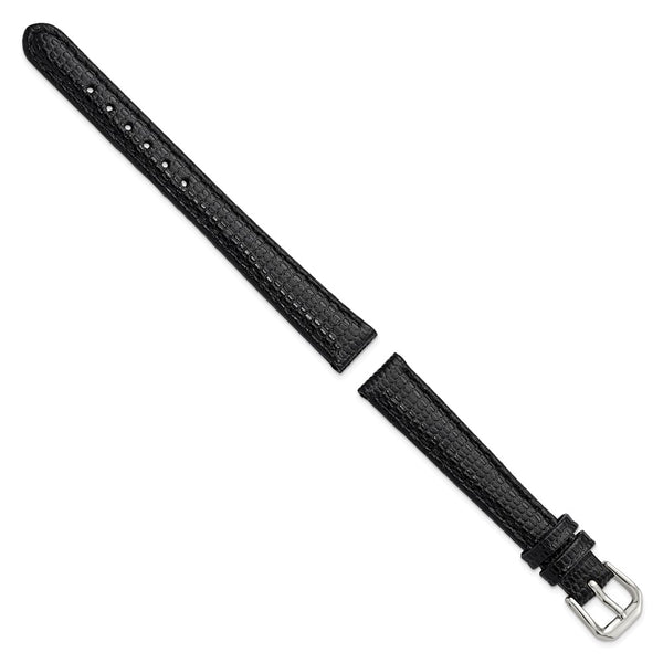 DeBeer 12mm Black Lizard Grain Leather with Silver-tone Buckle 6.75 inch Watch Band