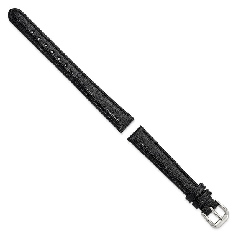 DeBeer 12mm Black Lizard Grain Leather with Silver-tone Buckle 6.75 inch Watch Band