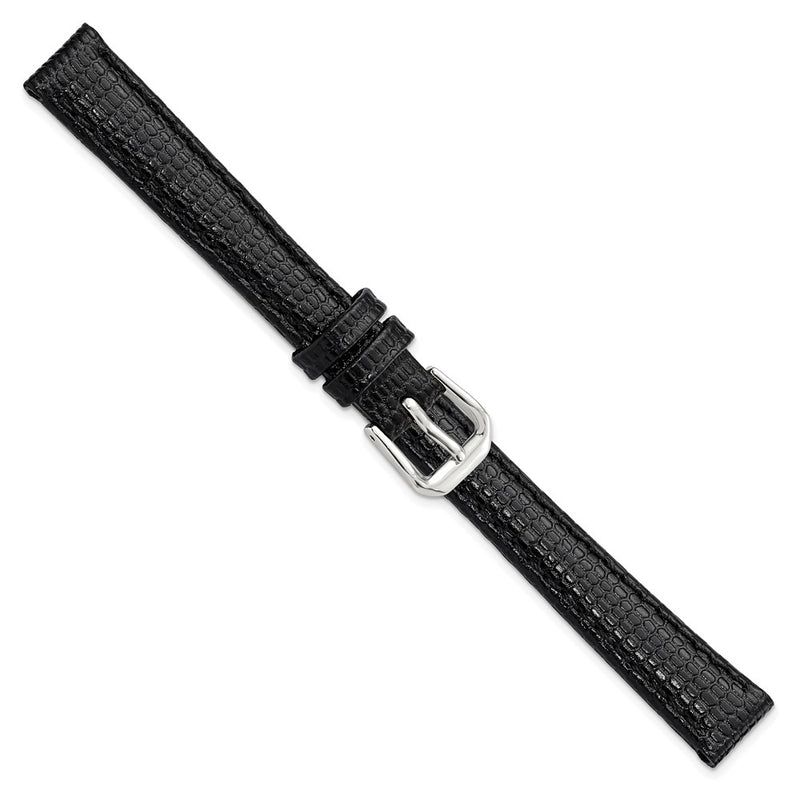 DeBeer 12mm Black Lizard Grain Leather with Silver-tone Buckle 6.75 inch Watch Band
