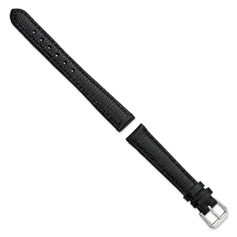 14mm Black Lizard Grain Leather Silver-tone Buckle Watch Band