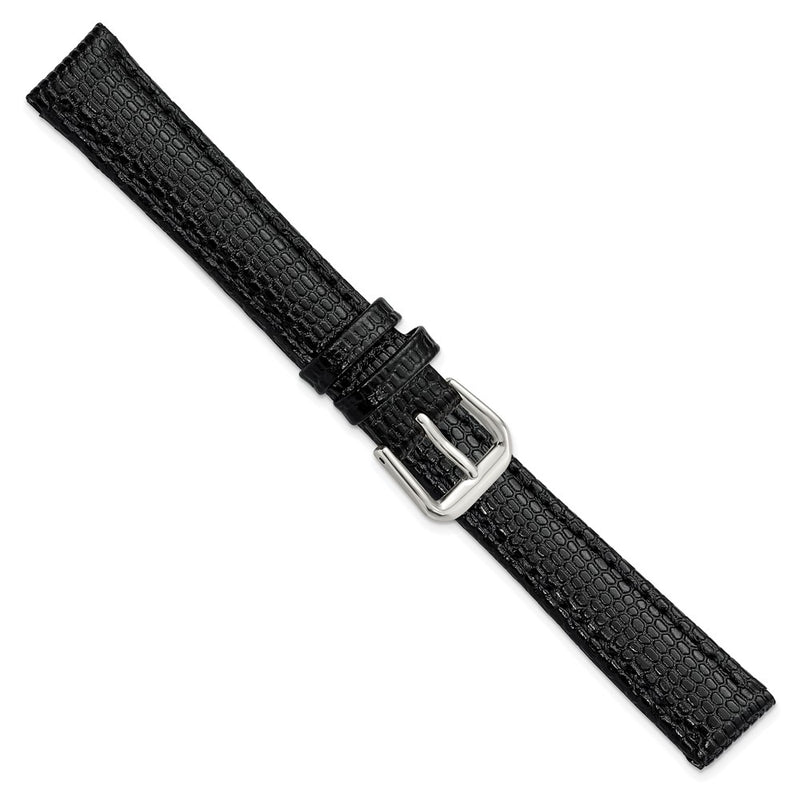 14mm Black Lizard Grain Leather Silver-tone Buckle Watch Band