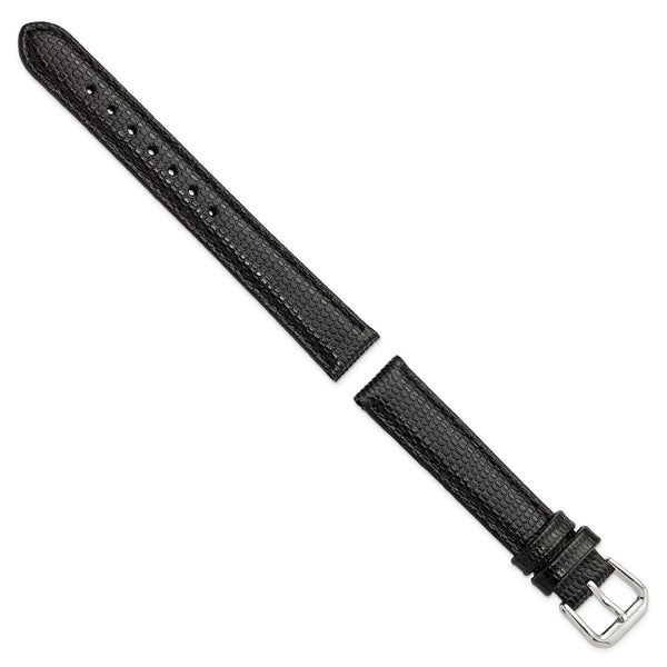 15mm Black Lizard Grain Leather Silver-tone Buckle Watch Band