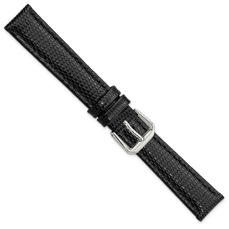 DeBeer 16mm Black Lizard Grain Leather with Silver-tone Buckle 7.5 inch Watch Band