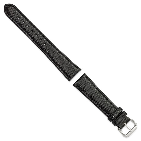 DeBeer 19mm Black Lizard Grain Leather with Silver-tone Buckle 7.5 inch Watch Band