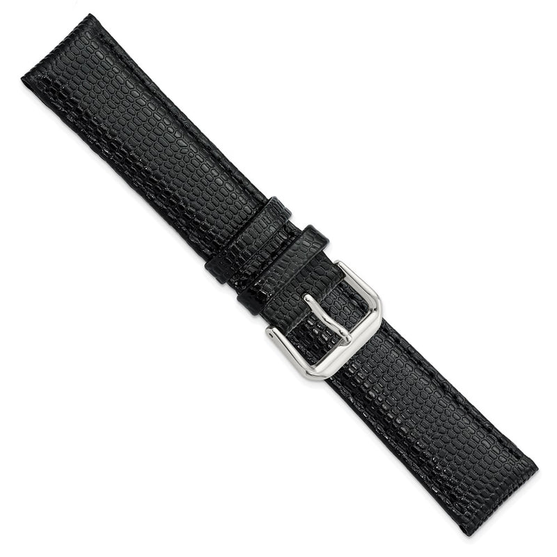 DeBeer 20mm Black Lizard Grain Leather with Silver-tone Buckle 7.5 inch Watch Band