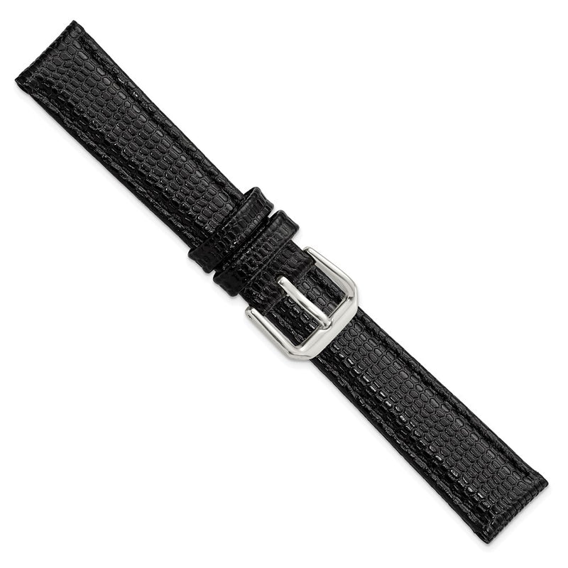 16mm Short Black Lizard Grain Leather Silver-tone Buckle Watch Band