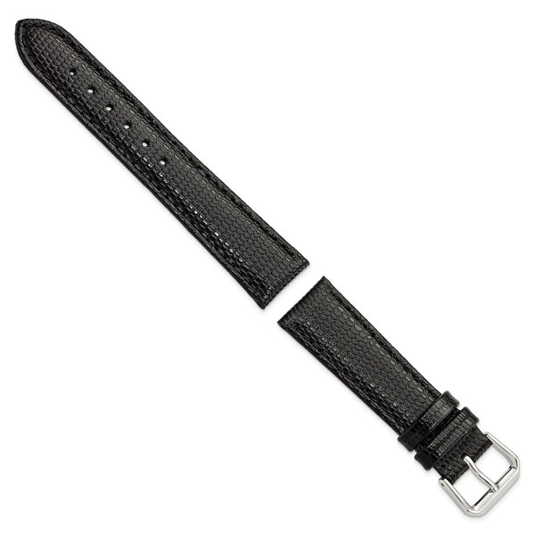 18mm Short Black Lizard Grain Leather Silver-tone Buckle Watch Band