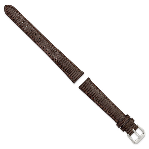 14mm Dark Brown Lizard Grain Leather Silver-tone Buckle Watch Band