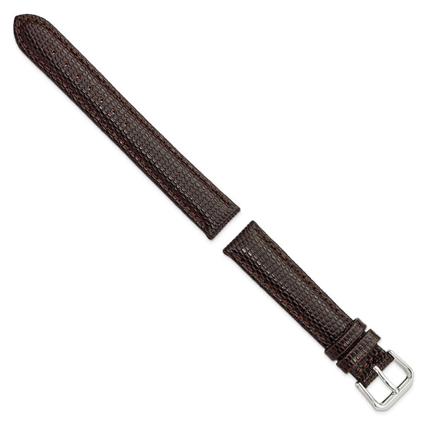 DeBeer 15mm Dark Brown Lizard Grain Leather with Silver-tone Buckle 7.5 inch Watch Band