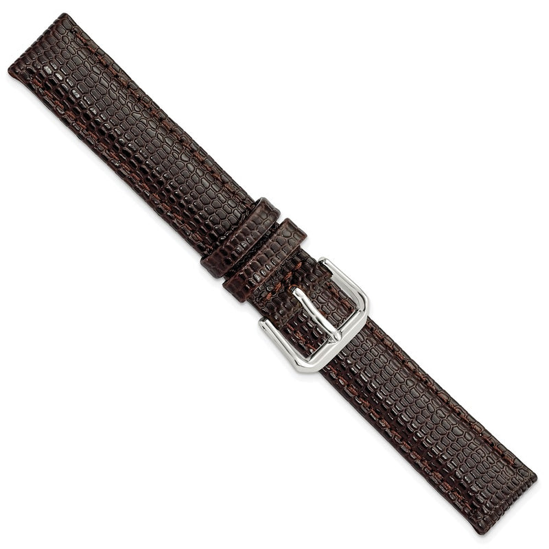 DeBeer 15mm Dark Brown Lizard Grain Leather with Silver-tone Buckle 7.5 inch Watch Band