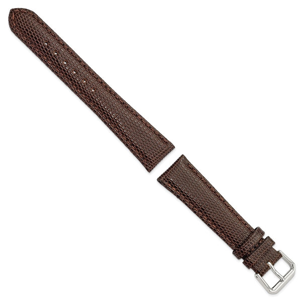 DeBeer 19mm Dark Brown Lizard Grain Leather with Silver-tone Buckle 7.5 inch Watch Band