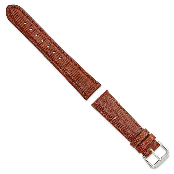 18mm Short Havana/Brown Lizard Grain Leather Silver-tone Bkle Watch Band