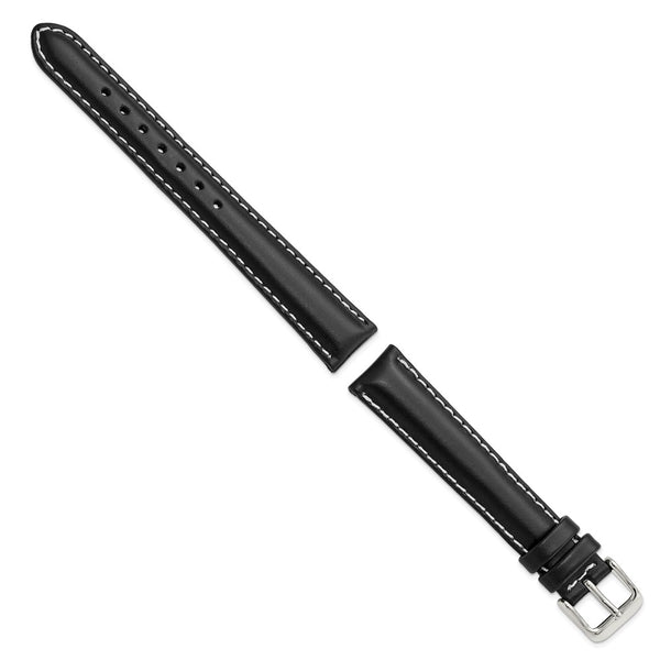 DeBeer 16mm Black Oil-tanned Leather with White Stitching and Silver-tone Buckle 7.5 inch Watch Band