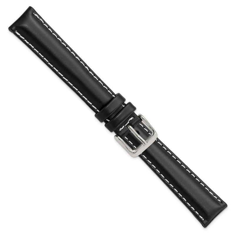 DeBeer 16mm Black Oil-tanned Leather with White Stitching and Silver-tone Buckle 7.5 inch Watch Band