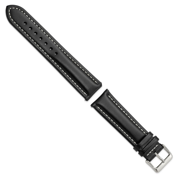 DeBeer 22mm Black Oil-tanned Leather with White Stitching and Silver-tone Buckle 7.5 inch Watch Band