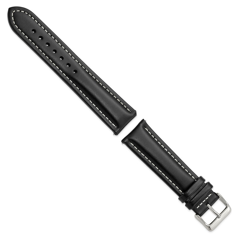 DeBeer 22mm Black Oil-tanned Leather with White Stitching and Silver-tone Buckle 7.5 inch Watch Band