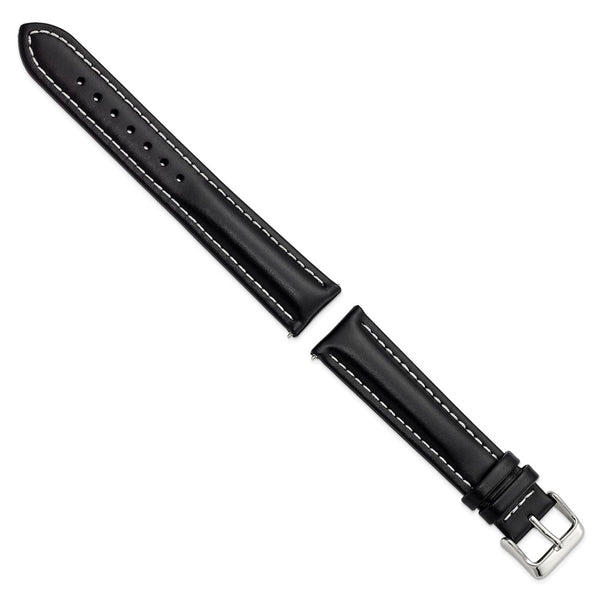 20mm Long Black Oil-tanned Leather Silver-tone Buckle Watch Band