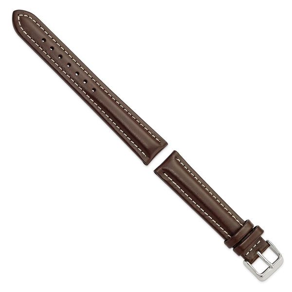 DeBeer 18mm Dark Brown Oil-tanned Leather with White Stitching and Silver-tone Buckle 7.5 inch Watch Band