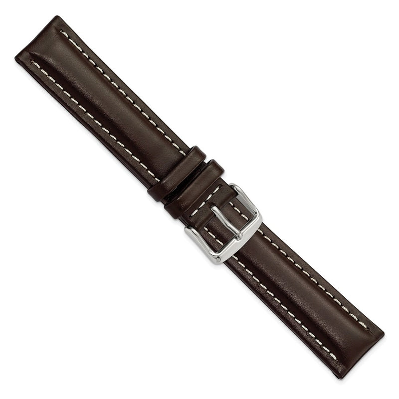 DeBeer 20mm Dark Brown Oil-tanned Leather with White Stitching and Silver-tone Buckle 7.5 inch Watch Band