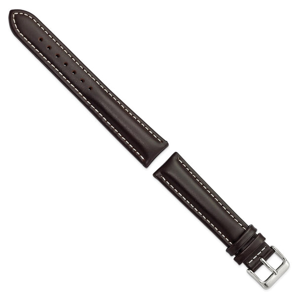 DeBeer 20mm Long Dark Brown Oil-tanned Leather with White Stitching and Silver-tone Buckle 8.25 inch Watch Band