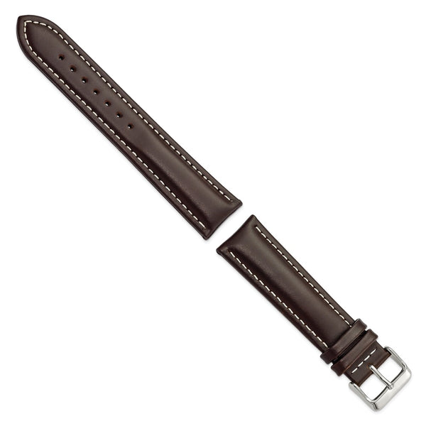 DeBeer 22mm Long Dark Brown Oil-tanned Leather with White Stitching and Silver-tone Buckle 8.25 inch Watch Band