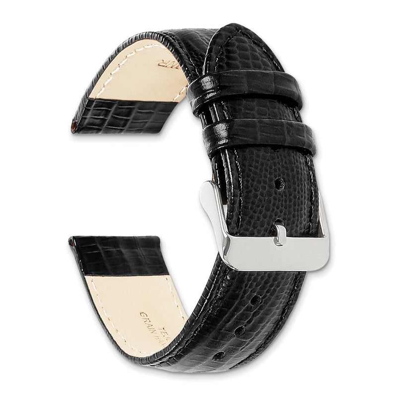 DeBeer 22mm Black Teju Liz Grain Leather with Silver-tone Buckle 7.5 inch Watch Band