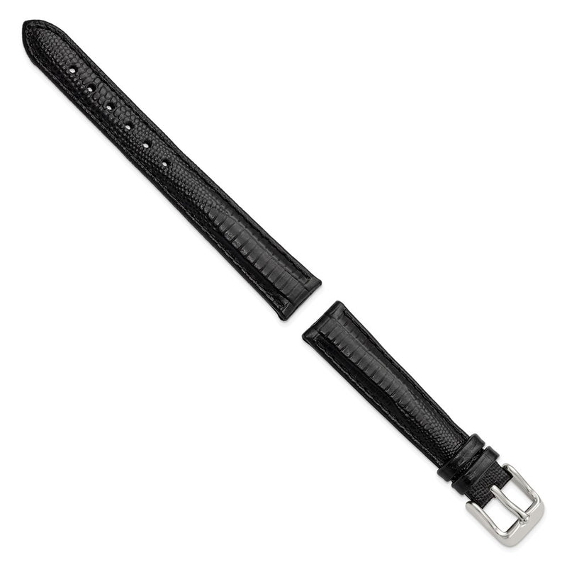 DeBeer 14mm Black Teju Liz Grain Leather with Silver-tone Buckle 6.75 inch Watch Band