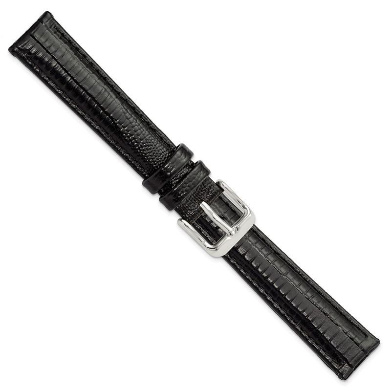 DeBeer 16mm Black Teju Liz Grain Leather with Silver-tone Buckle 7.5 inch Watch Band