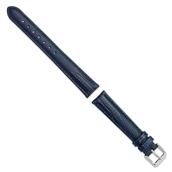 DeBeer 16mm Navy Teju Liz Grain Leather with Silver-tone Buckle 7.5 inch Watch Band