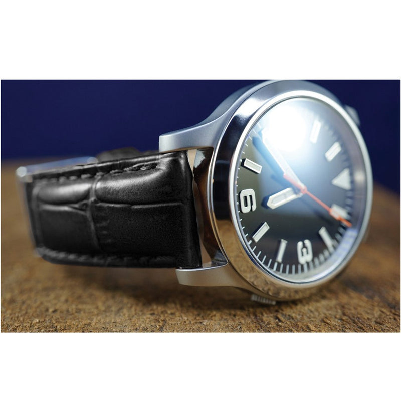 DeBeer 24mm Black Matte Alligator Grain Leather with Silver-tone Buckle 7.5 inch Watch Band