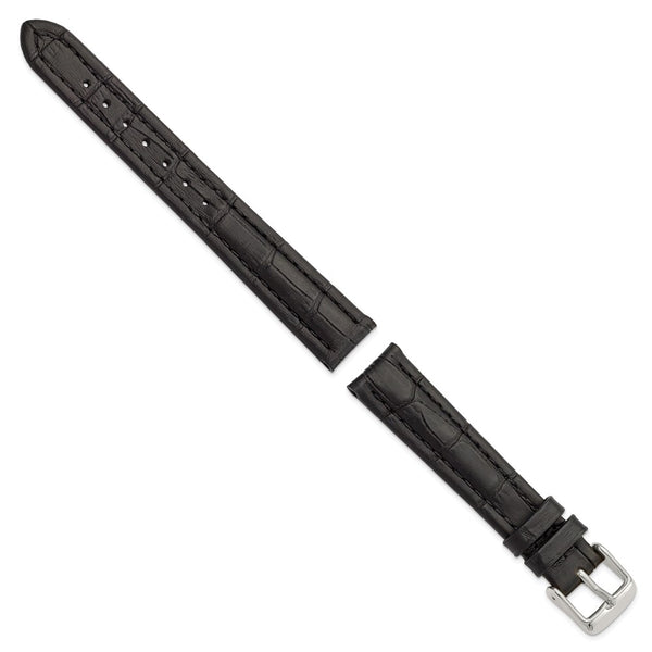 16mm Black Matte Alligator Grain Silver-tone Buckle Watch Band