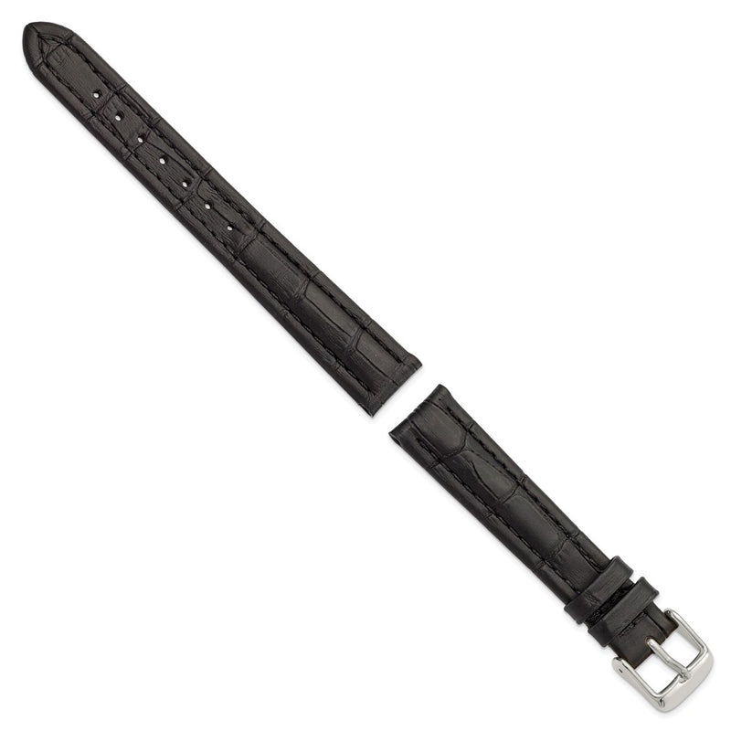 DeBeer 16mm Black Matte Alligator Grain Leather with Silver-tone Buckle 6.75 inch Watch Band