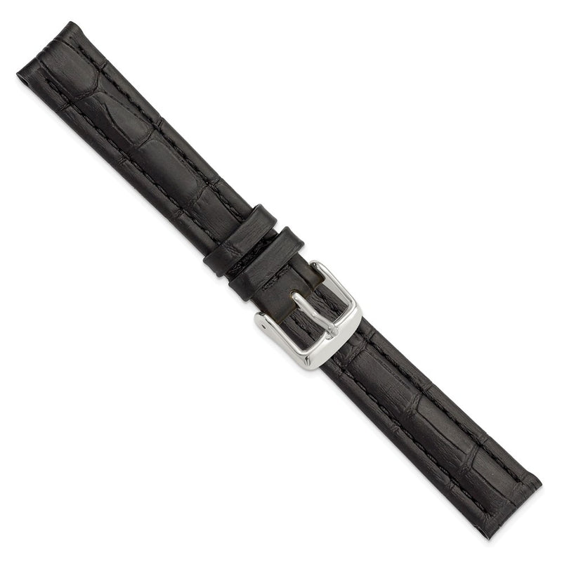 DeBeer 16mm Black Matte Alligator Grain Leather with Silver-tone Buckle 6.75 inch Watch Band