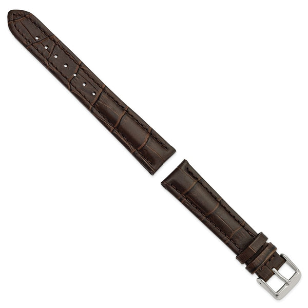 DeBeer 18mm Dark Brown Matte Alligator Grain Leather with Silver-tone Buckle 7.5 inch Watch Band