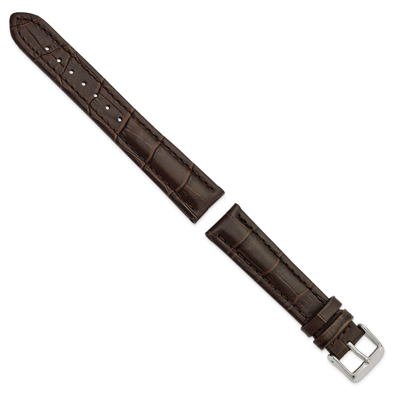 DeBeer 18mm Dark Brown Matte Alligator Grain Leather with Silver-tone Buckle 7.5 inch Watch Band