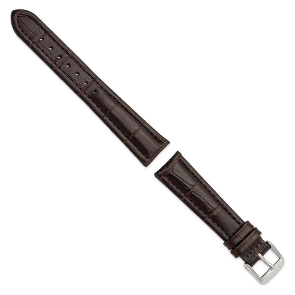 DeBeer 19mm Dark Brown Matte Alligator Grain Leather with Silver-tone Buckle 7.5 inch Watch Band