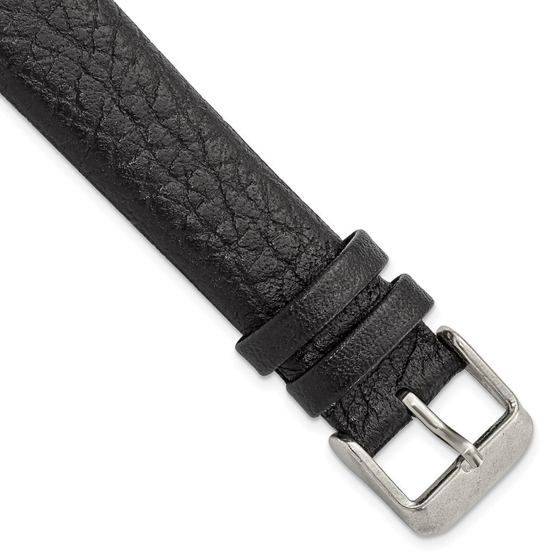 18mm Black Distrssed Leather Silver-tone Buckle Watch Band